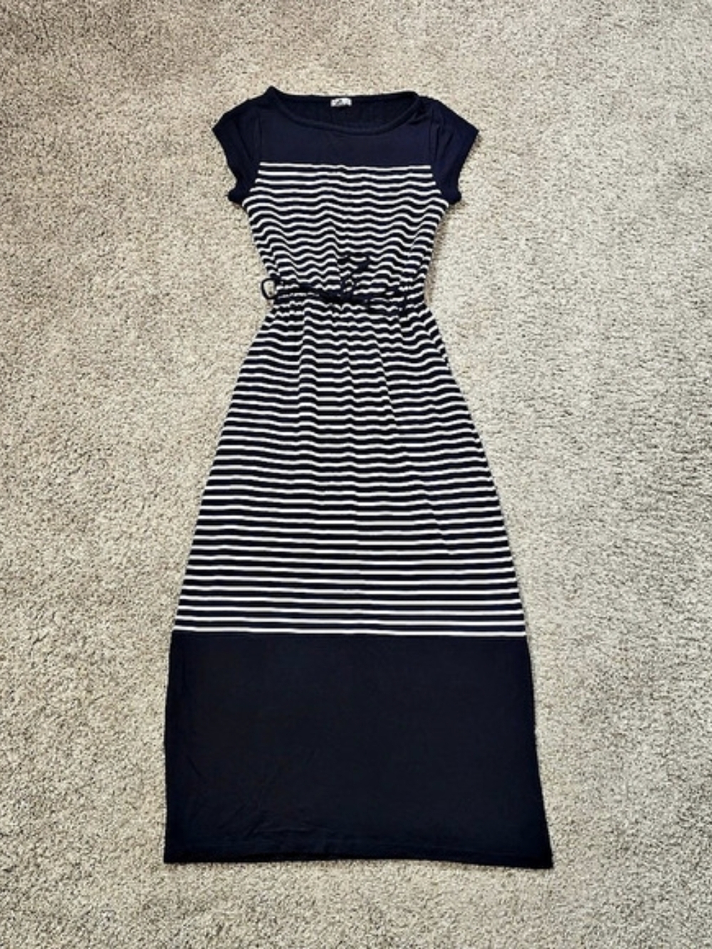 Talbots Navy/White Striped Knit Modal Maxi Dress Scoop Neck Drawstring Stretch M